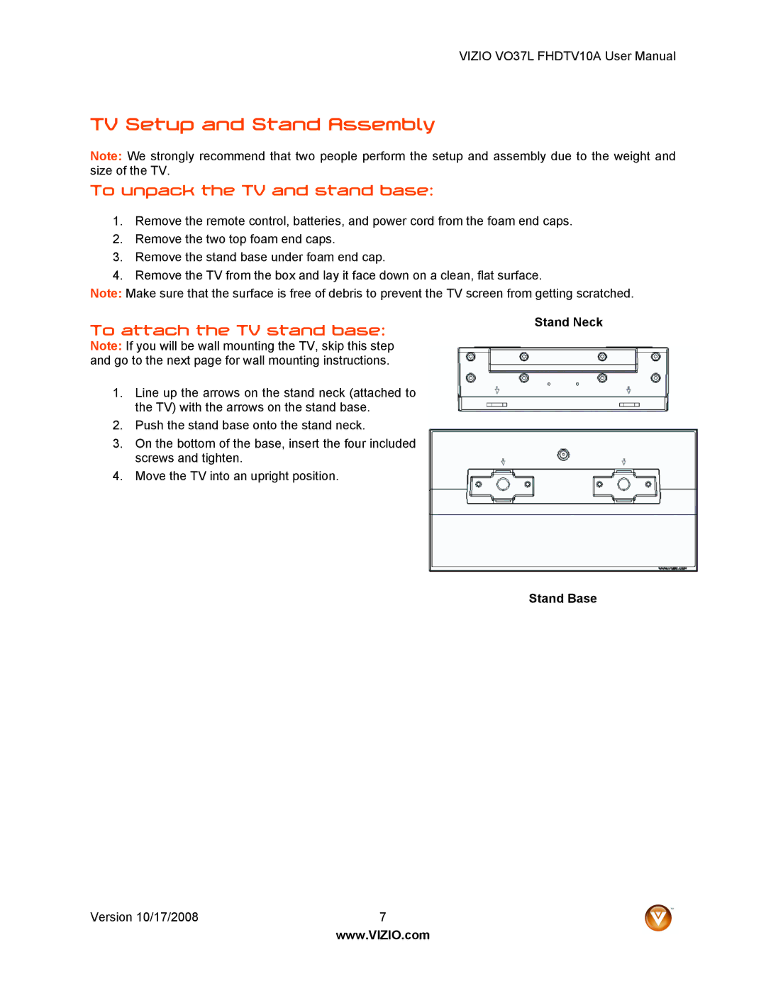 Vizio VO37L FHDTV10A user manual TV Setup and Stand Assembly, To attach the TV stand base, Stand Neck, Stand Base 