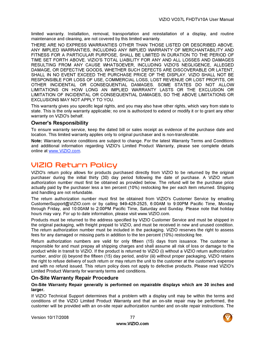 Vizio VO37L FHDTV10A user manual Owners Responsibility, On-Site Warranty Repair Procedure 