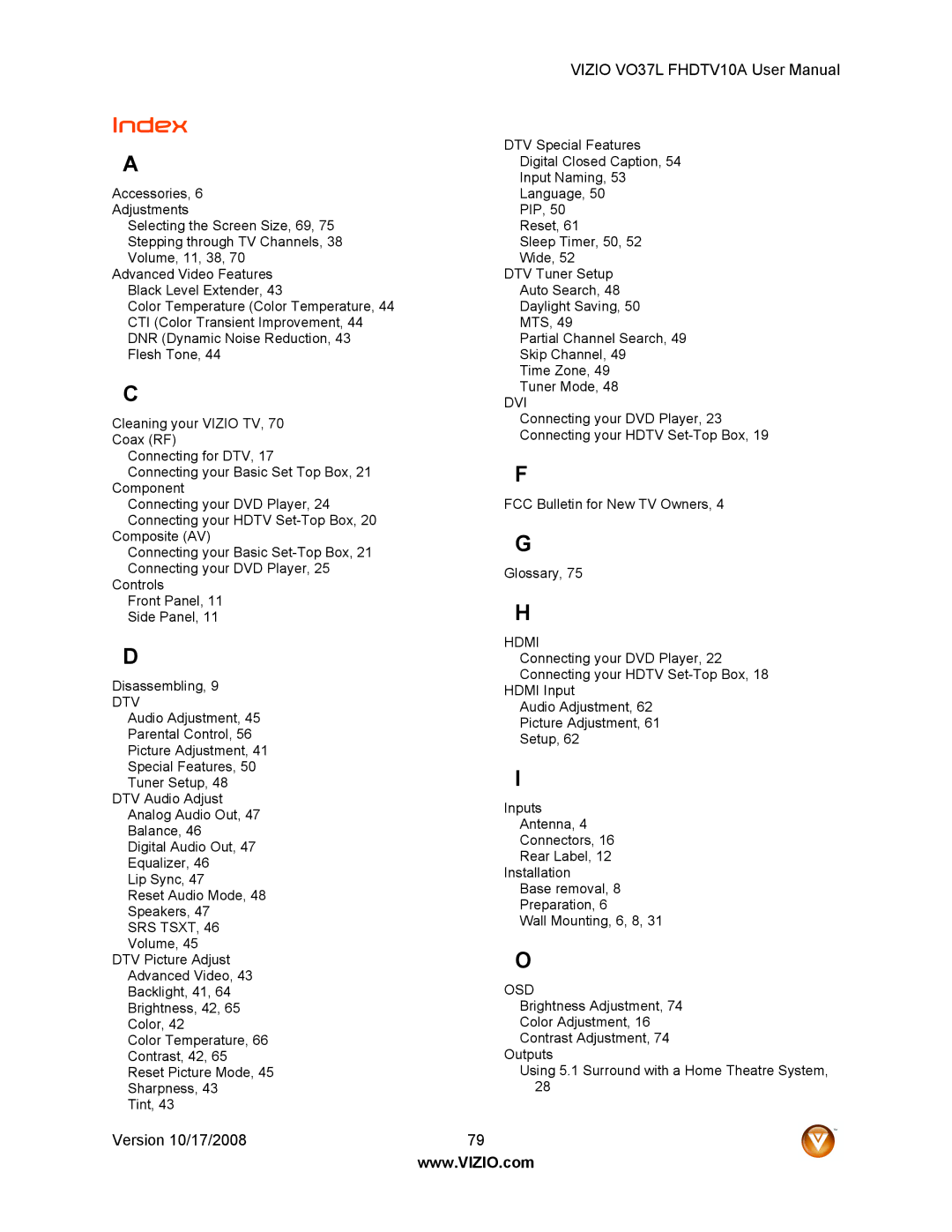 Vizio VO37L FHDTV10A user manual Index, Dtv 