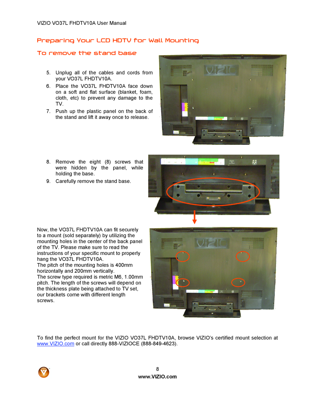 Vizio VO37L FHDTV10A user manual Preparing Your LCD Hdtv for Wall Mounting, To remove the stand base 