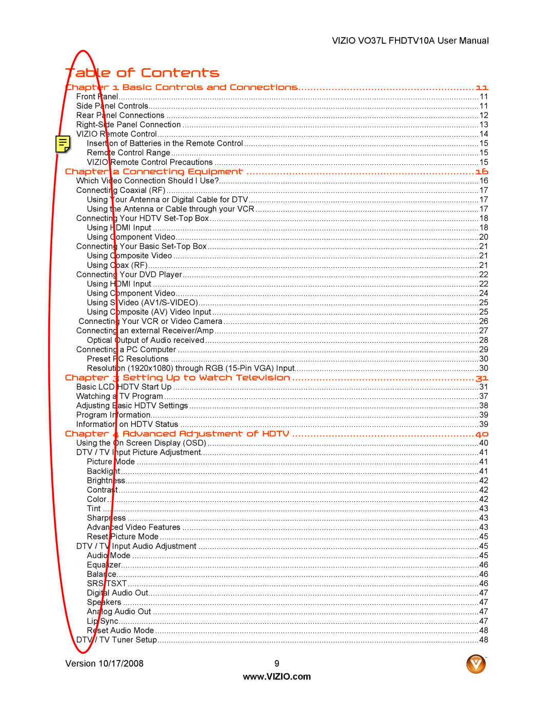 Vizio VO37L FHDTV10A user manual Table of Contents 