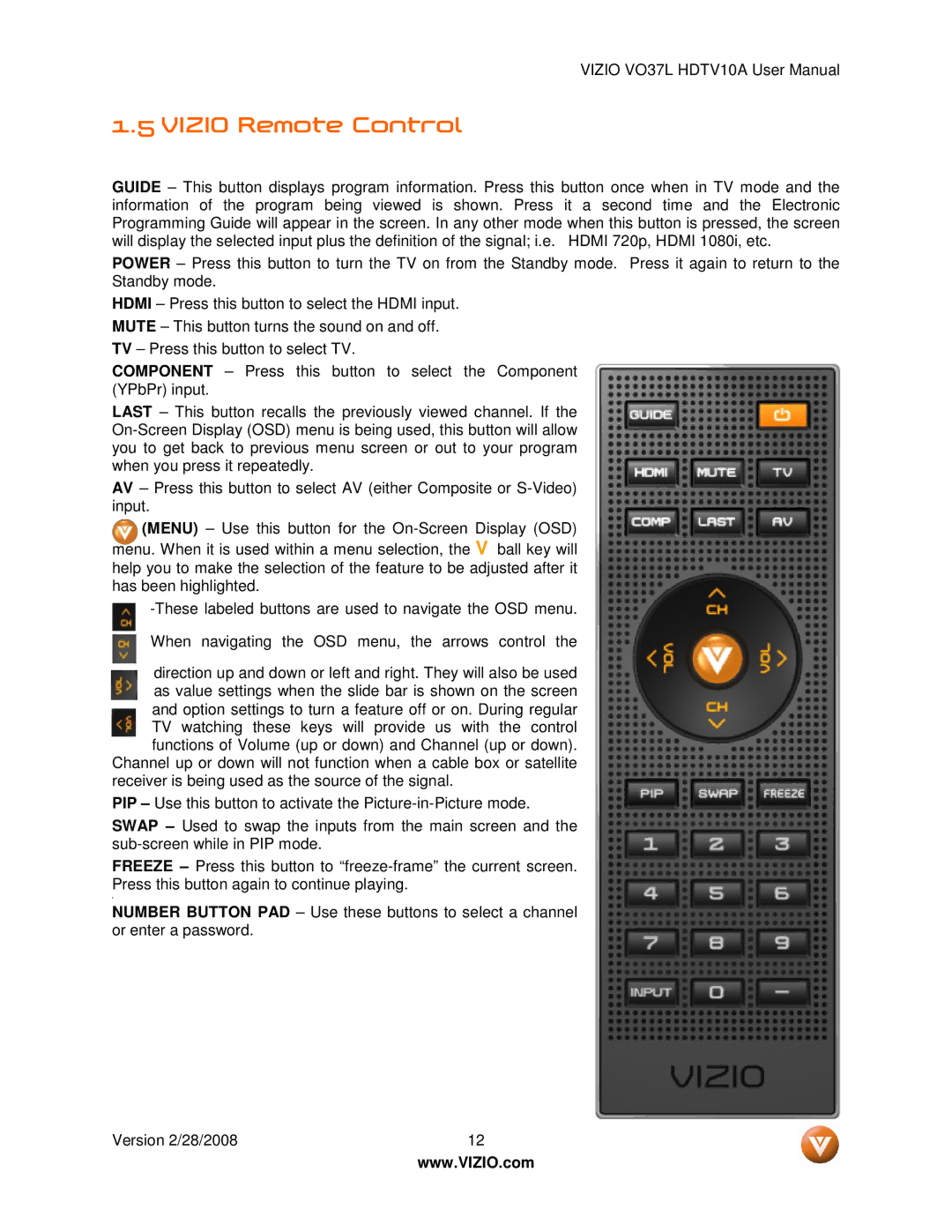 Vizio VO37L HDTV10A user manual Vizio Remote Control 