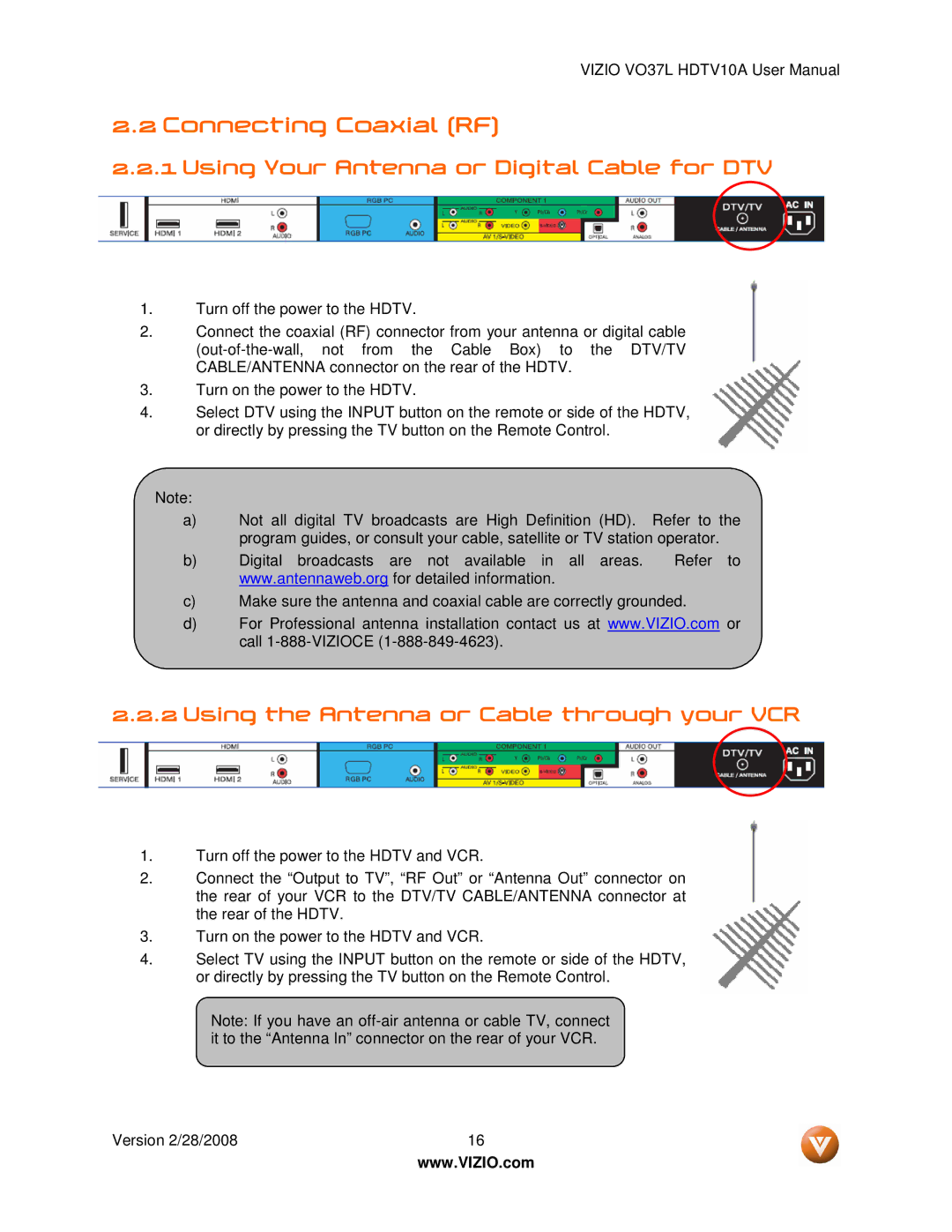 Vizio VO37L HDTV10A user manual Connecting Coaxial RF, Using Your Antenna or Digital Cable for DTV 