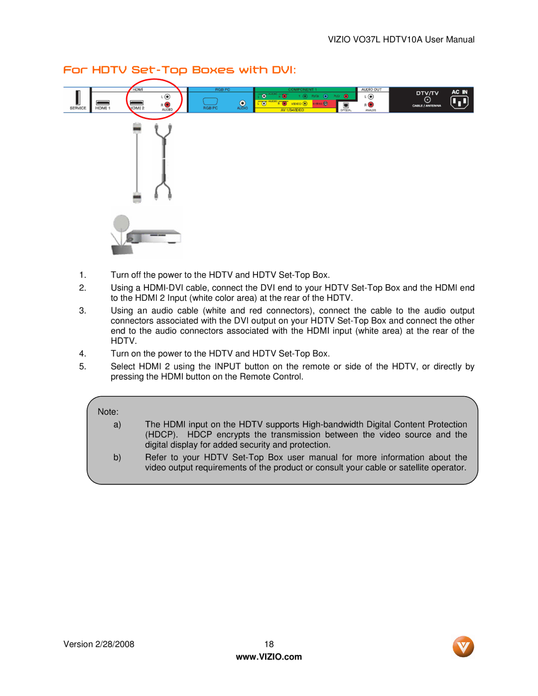 Vizio VO37L HDTV10A user manual For Hdtv Set-Top Boxes with DVI 