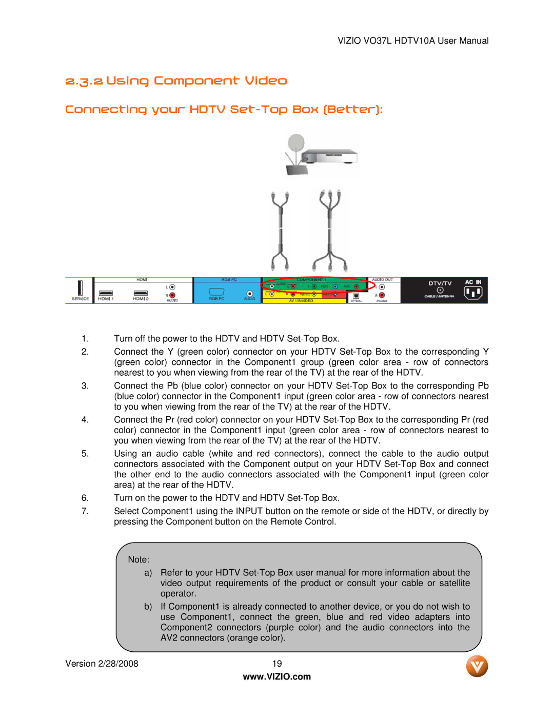 Vizio VO37L HDTV10A user manual Using Component Video, Connecting your Hdtv Set-Top Box Better 