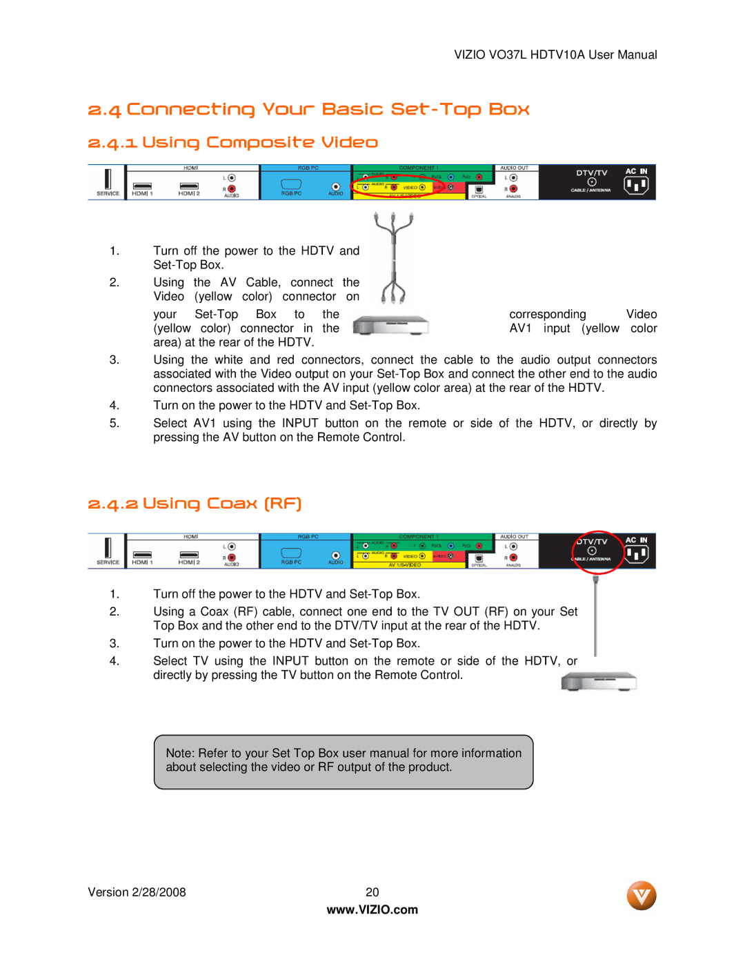 Vizio VO37L HDTV10A user manual Connecting Your Basic Set-Top Box, Using Composite Video, Using Coax RF 