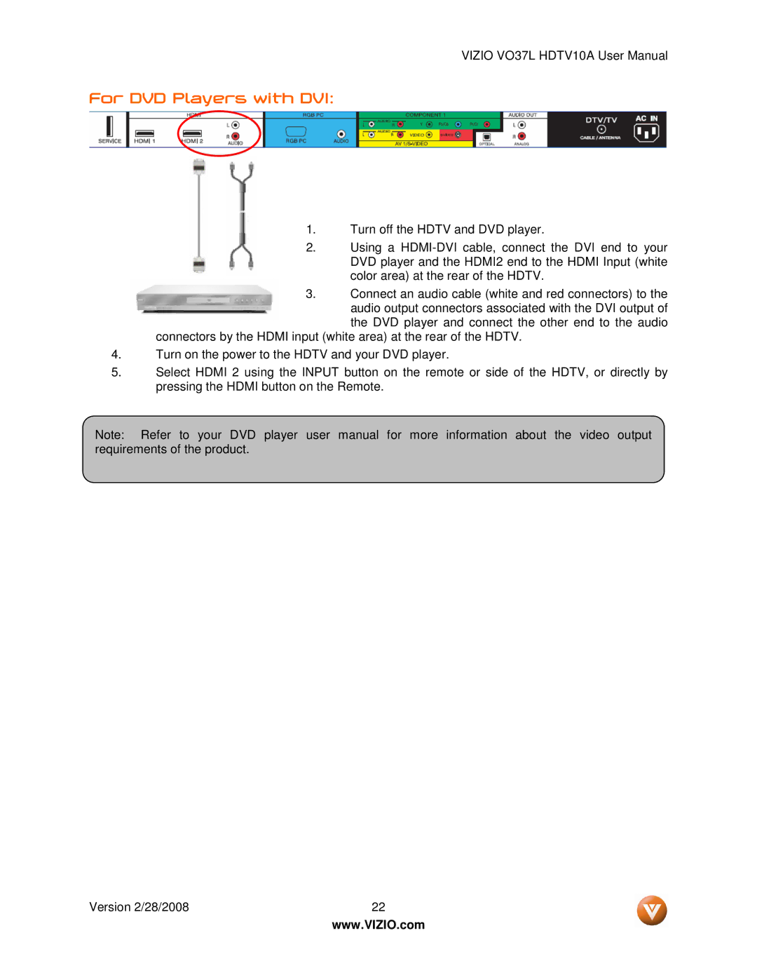 Vizio VO37L HDTV10A user manual For DVD Players with DVI 