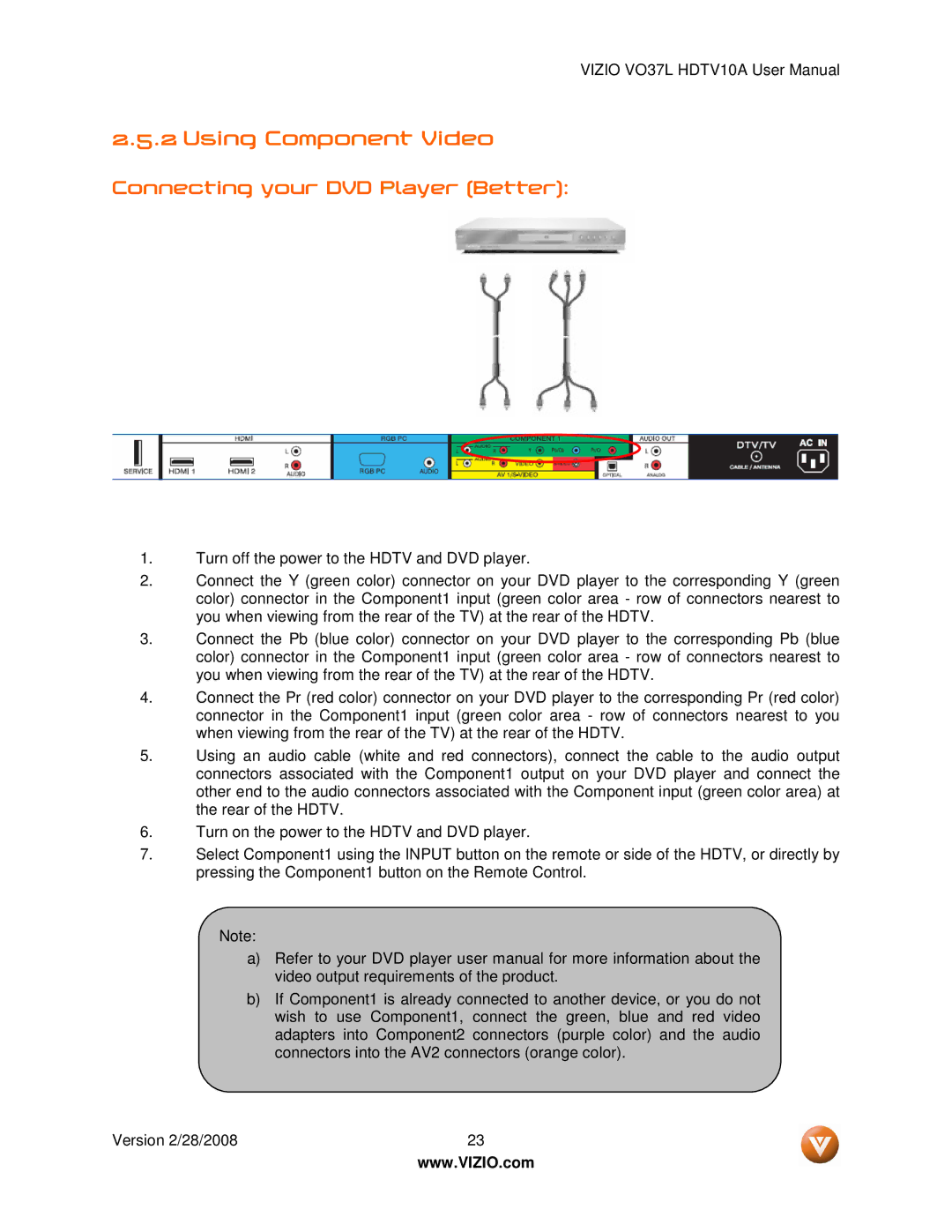 Vizio VO37L HDTV10A user manual Using Component Video, Connecting your DVD Player Better 