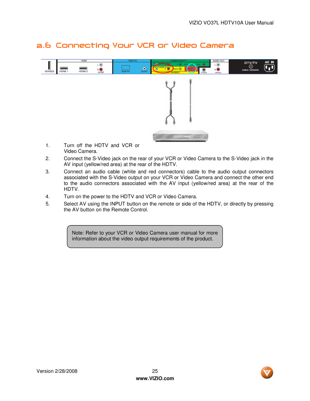 Vizio VO37L HDTV10A user manual Connecting Your VCR or Video Camera 