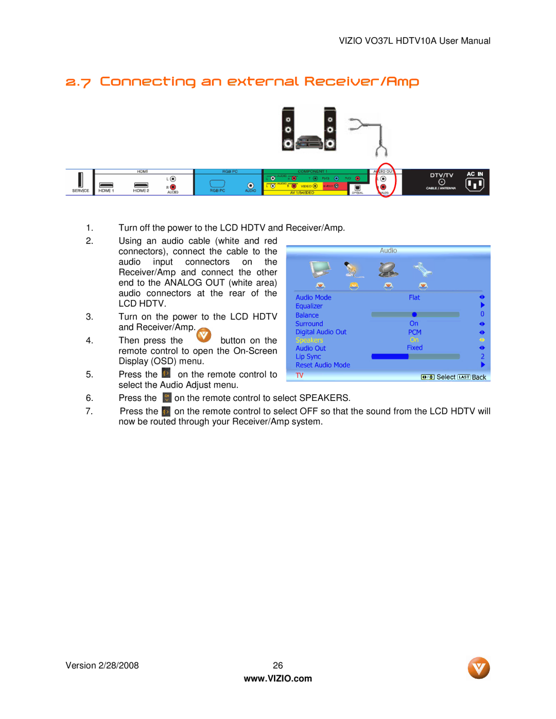 Vizio VO37L HDTV10A user manual Connecting an external Receiver/Amp, LCD Hdtv 