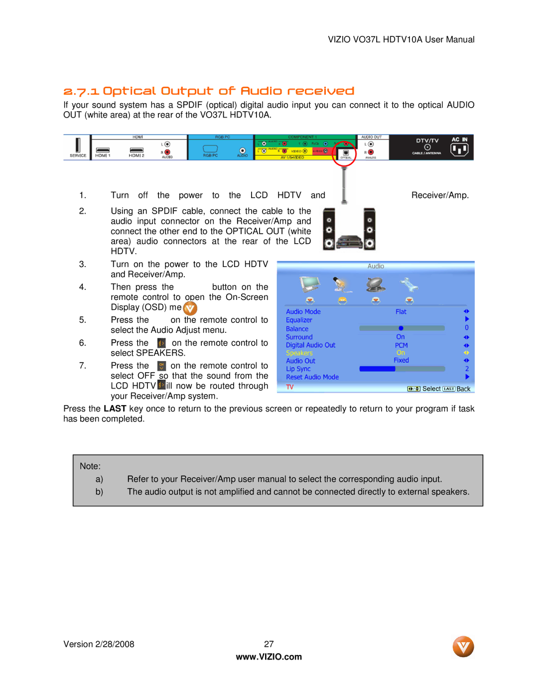 Vizio VO37L HDTV10A user manual Optical Output of Audio received 