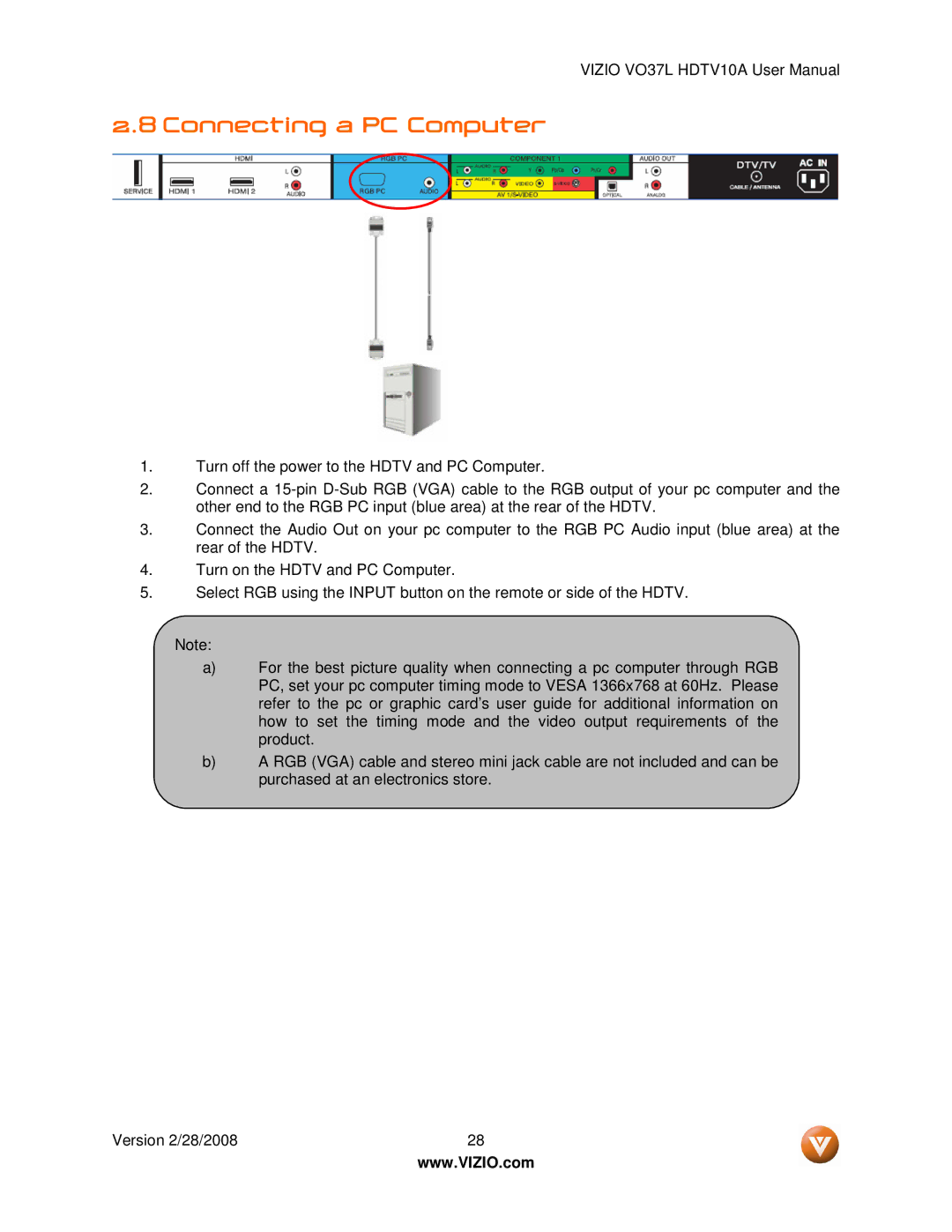 Vizio VO37L HDTV10A user manual Connecting a PC Computer 