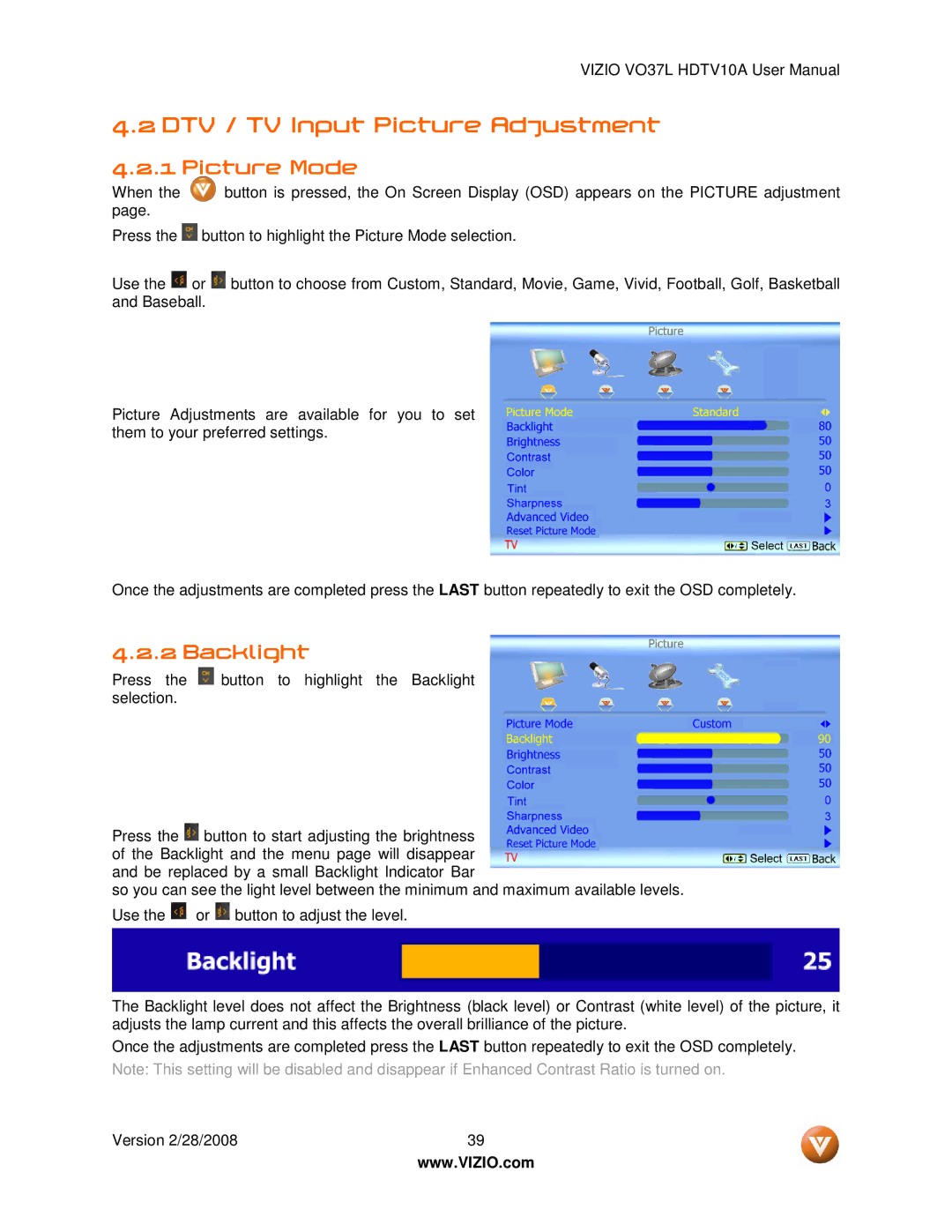 Vizio VO37L HDTV10A user manual DTV / TV Input Picture Adjustment, Picture Mode, Backlight 