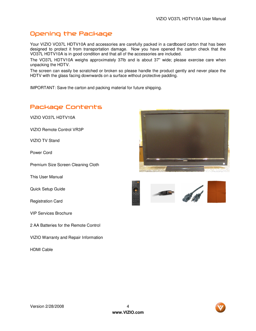 Vizio VO37L HDTV10A user manual Opening the Package, Package Contents 