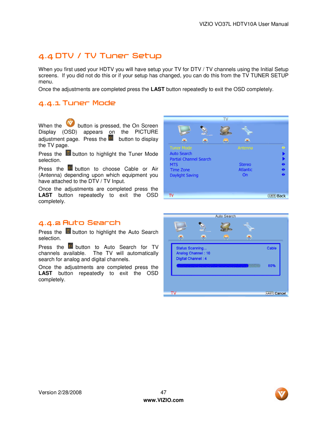 Vizio VO37L HDTV10A user manual DTV / TV Tuner Setup, Tuner Mode, Auto Search 