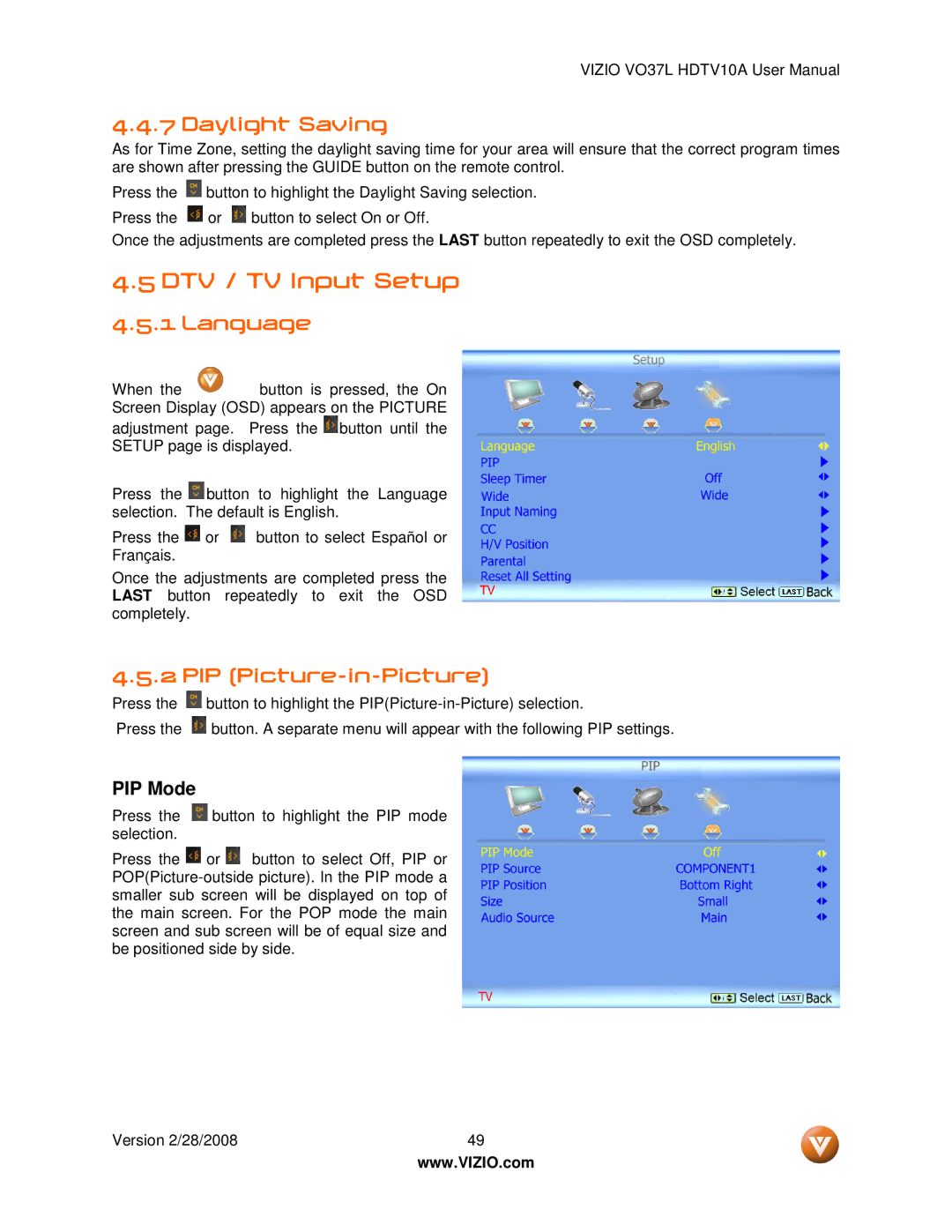 Vizio VO37L HDTV10A user manual DTV / TV Input Setup, Daylight Saving, Language, PIP Picture-in-Picture 