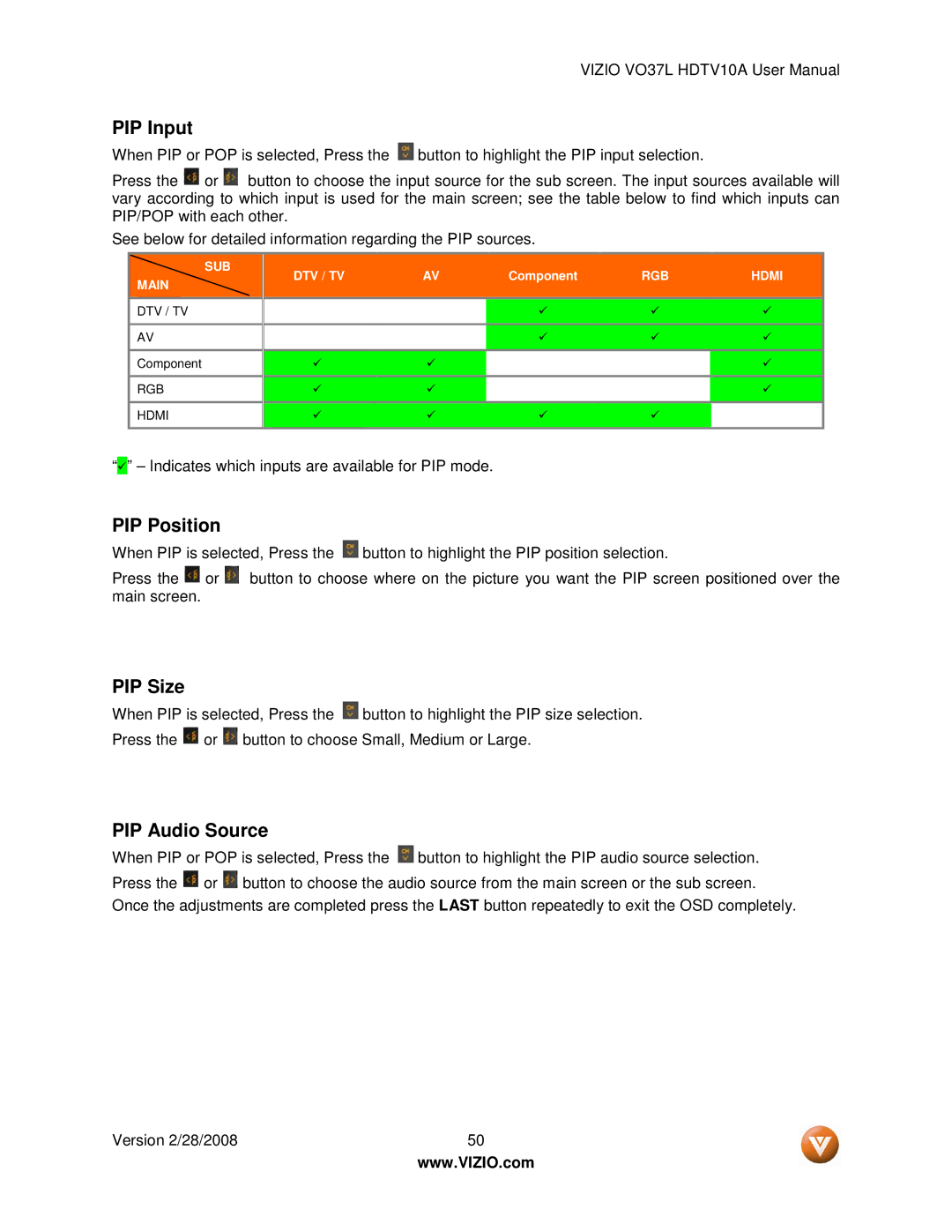 Vizio VO37L HDTV10A user manual PIP Input 