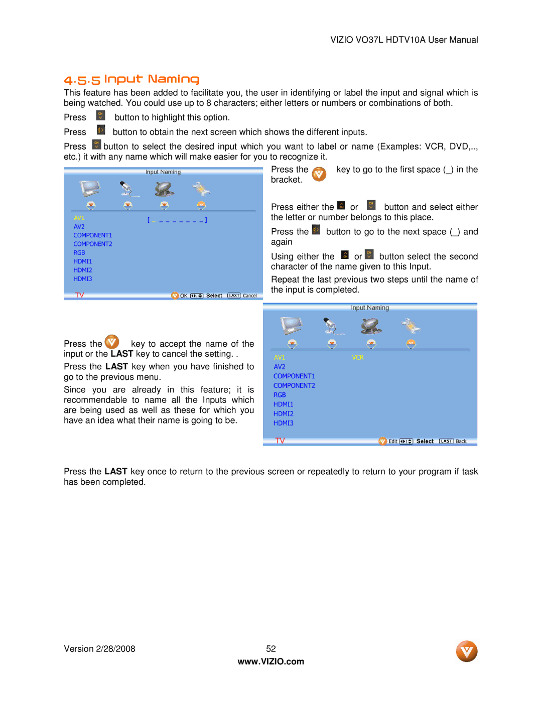 Vizio VO37L HDTV10A user manual Input Naming 