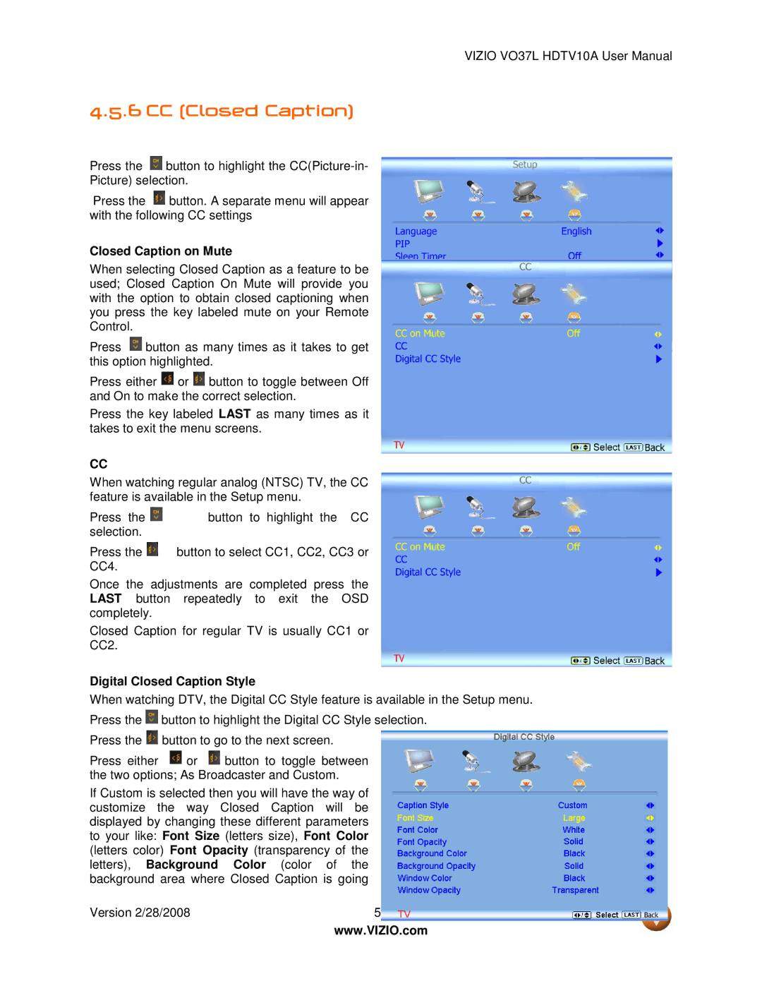 Vizio VO37L HDTV10A user manual CC Closed Caption, Closed Caption on Mute, Digital Closed Caption Style 