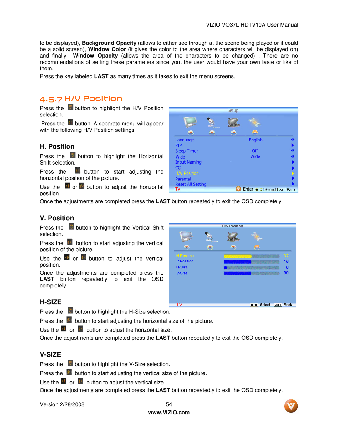 Vizio VO37L HDTV10A user manual 7 H/V Position 