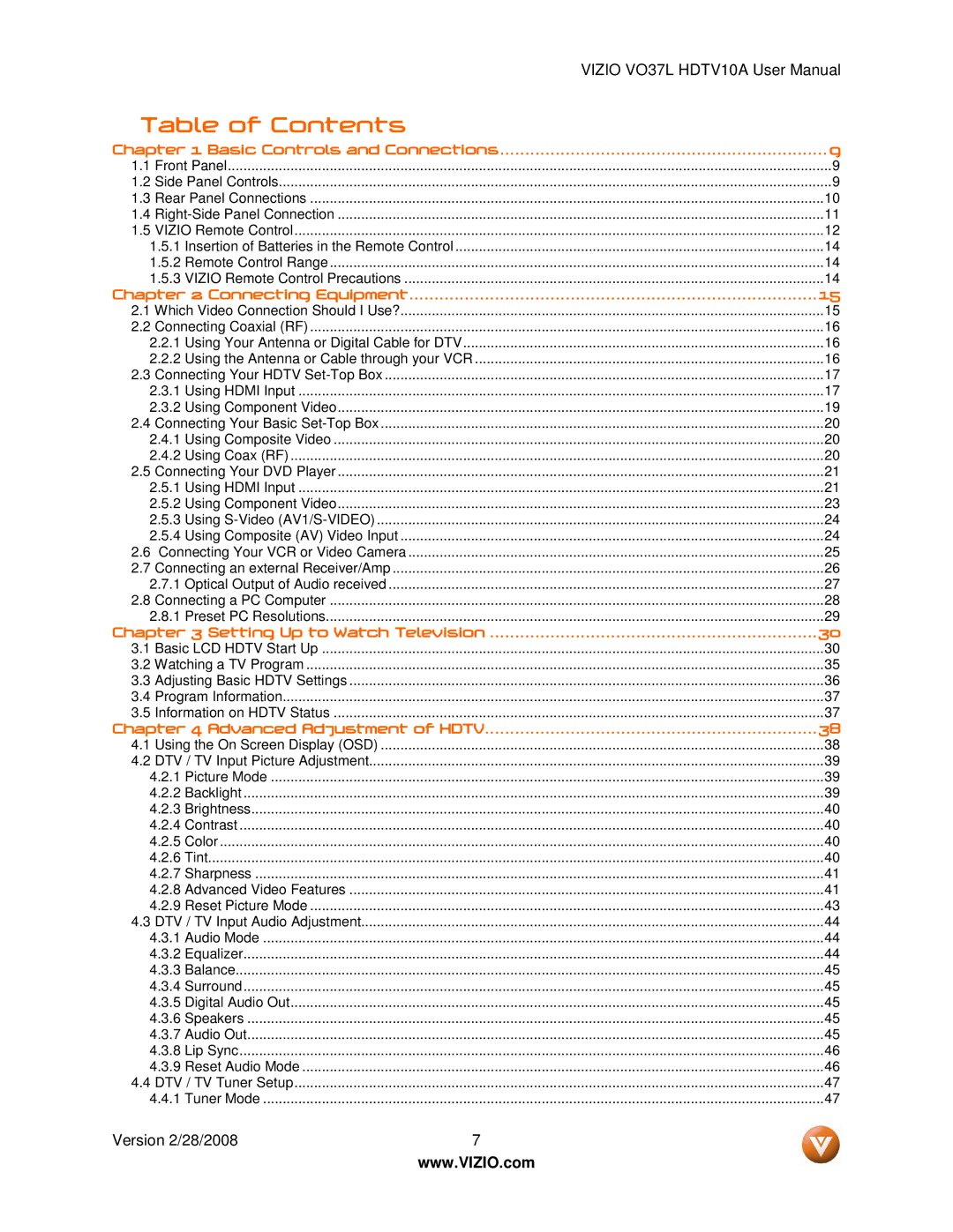 Vizio VO37L HDTV10A user manual Table of Contents 