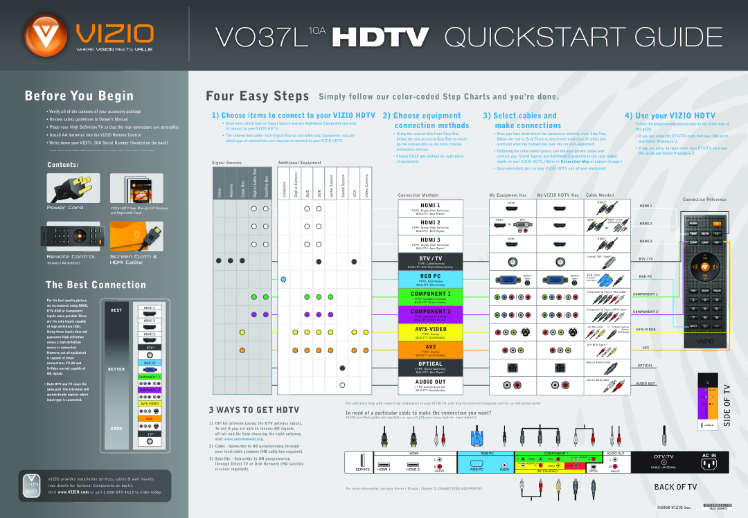 Vizio quick start VO37L10A Hdtv Quickstart Guide 