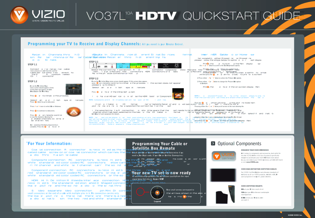 Vizio VO37L quick start Optional Components 
