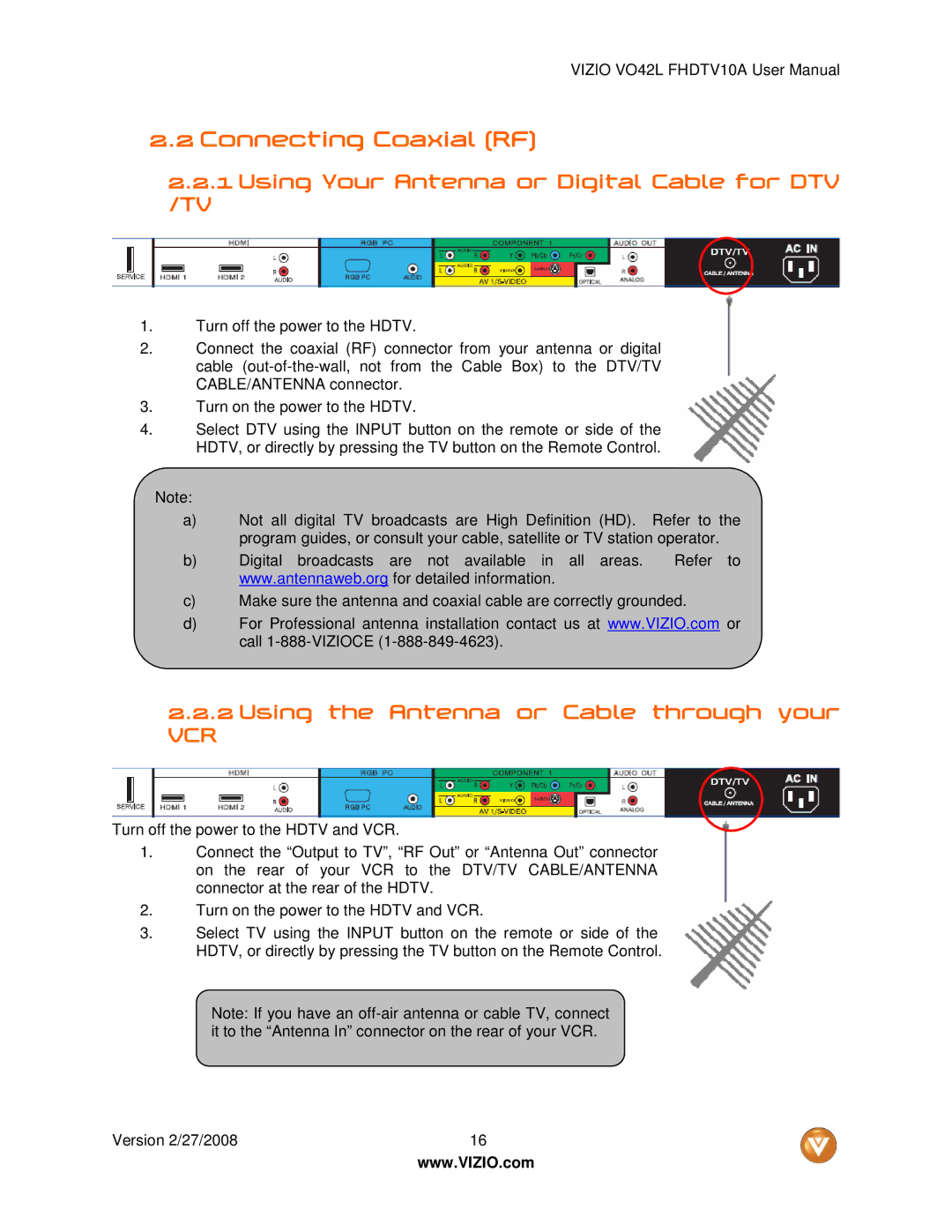 Vizio VO42LF Connecting Coaxial RF, Using Your Antenna or Digital Cable for DTV, Using the Antenna or Cable through your 