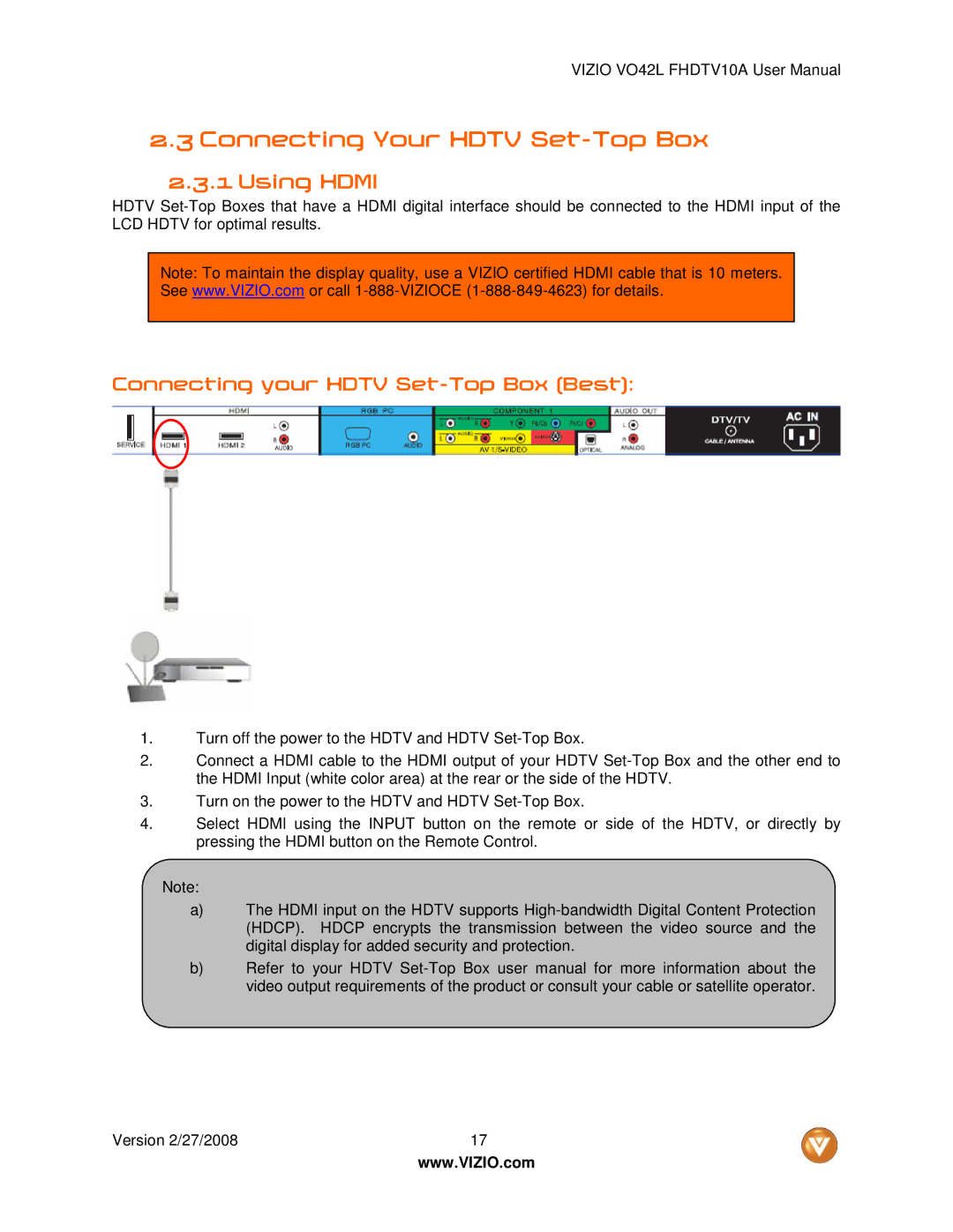 Vizio VO42LF user manual Connecting Your Hdtv Set-Top Box, Using Hdmi, Connecting your Hdtv Set-Top Box Best 