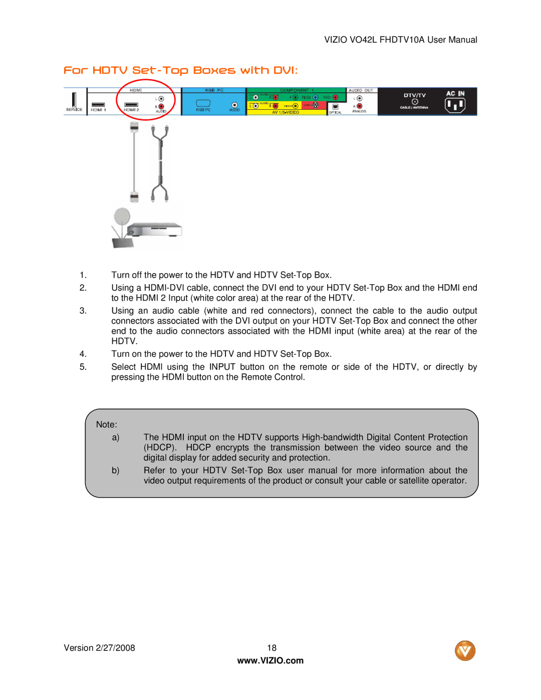 Vizio VO42LF user manual For Hdtv Set-Top Boxes with DVI 