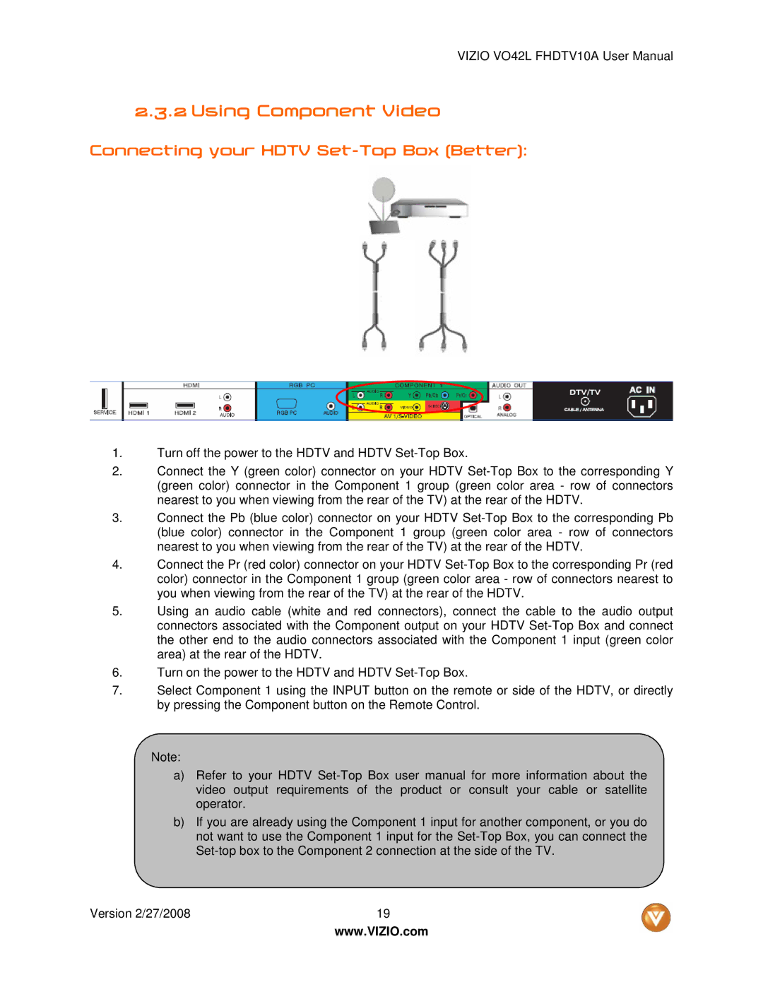 Vizio VO42LF user manual Using Component Video, Connecting your Hdtv Set-Top Box Better 