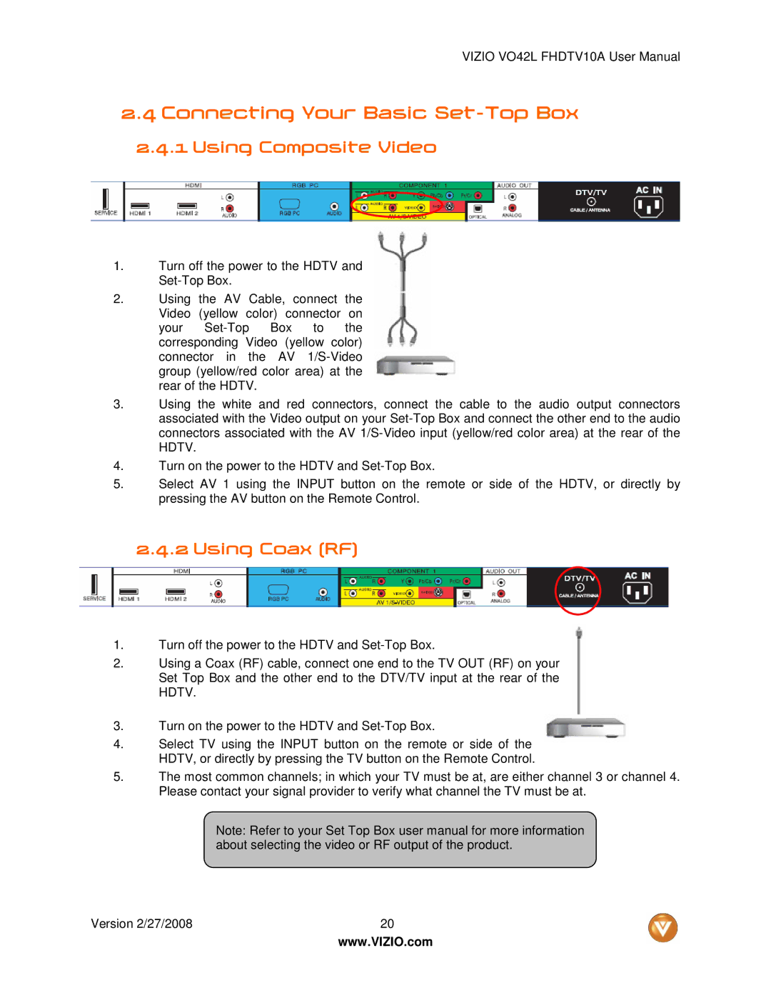 Vizio VO42LF user manual Connecting Your Basic Set-Top Box, Using Composite Video, Using Coax RF 