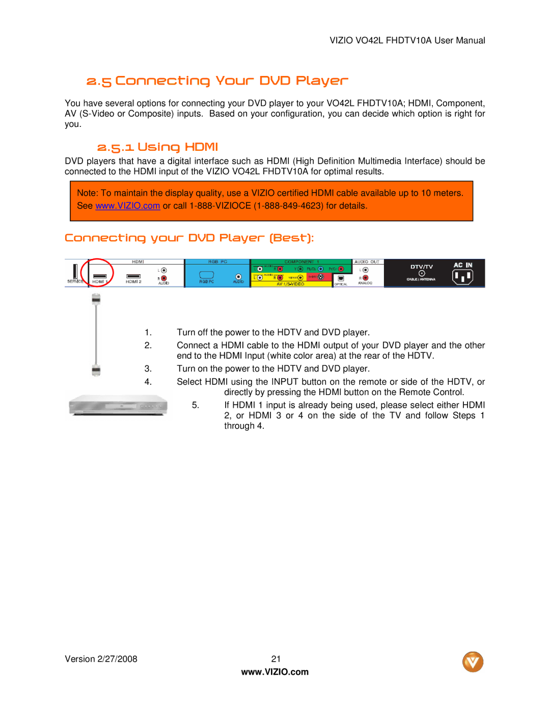 Vizio VO42LF user manual Connecting Your DVD Player, Connecting your DVD Player Best 