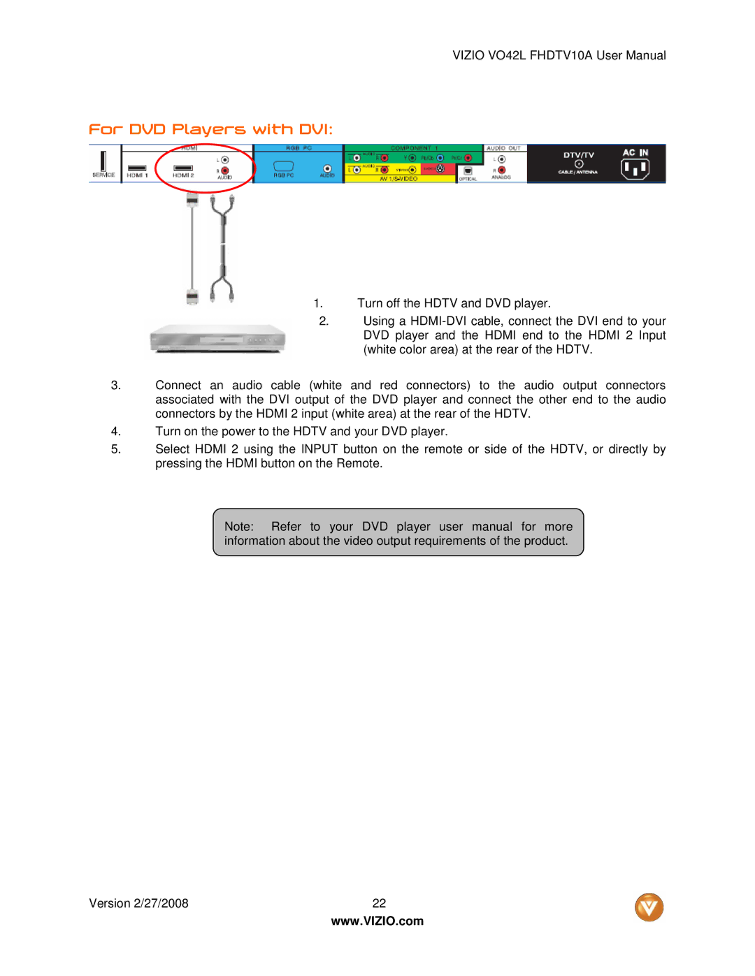 Vizio VO42LF user manual For DVD Players with DVI 