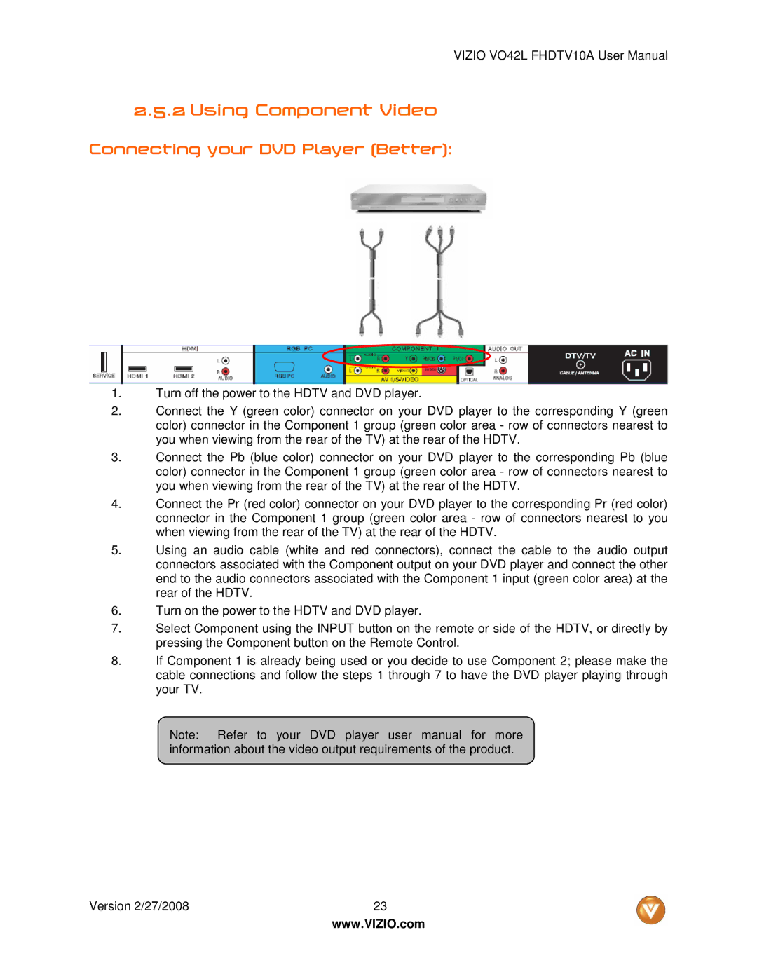 Vizio VO42LF user manual Using Component Video, Connecting your DVD Player Better 