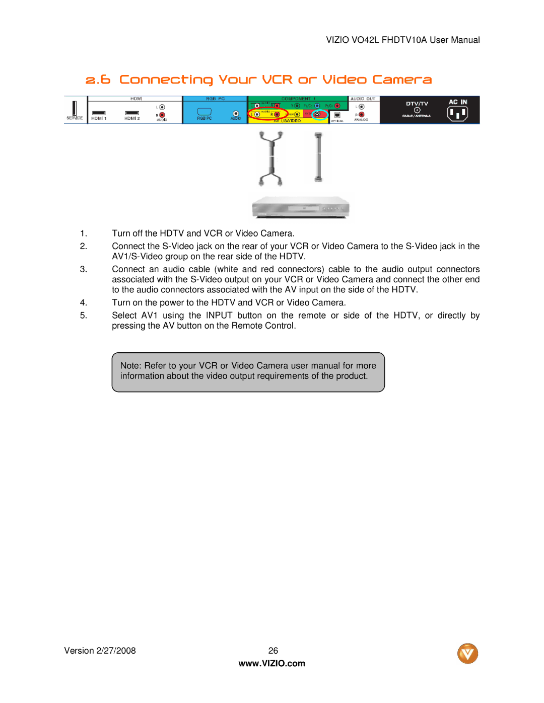 Vizio VO42LF user manual Connecting Your VCR or Video Camera 