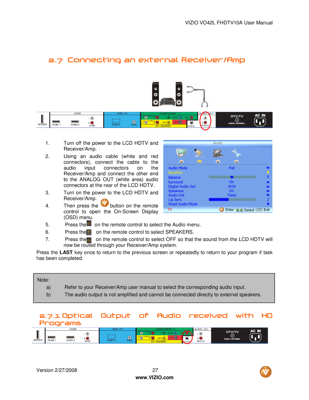 Vizio VO42LF user manual Connecting an external Receiver/Amp, Optical Output of Audio received with HD Programs 