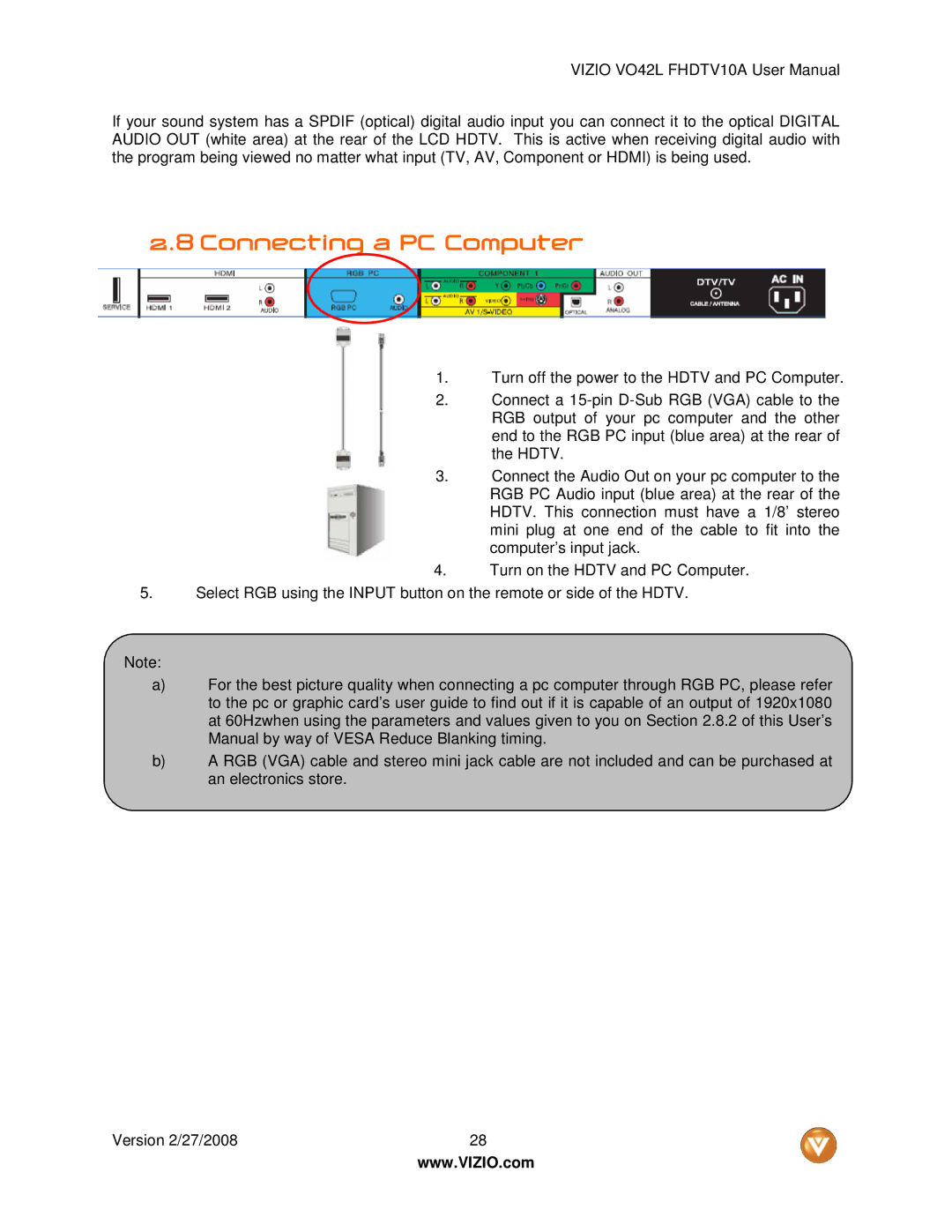 Vizio VO42LF user manual Connecting a PC Computer 