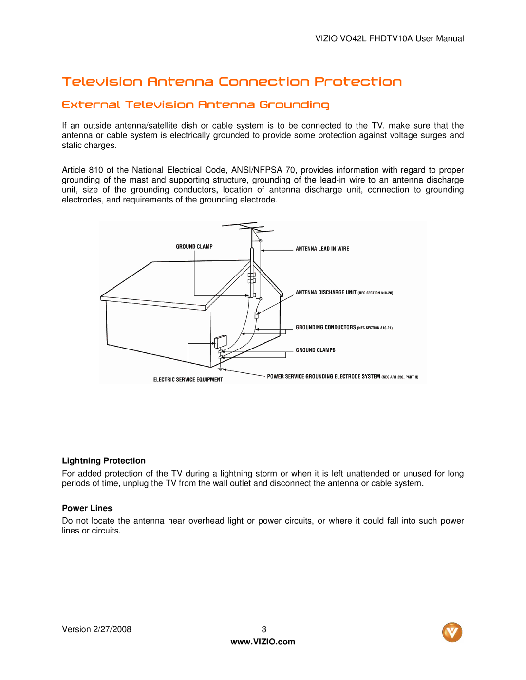 Vizio VO42LF Television Antenna Connection Protection, External Television Antenna Grounding, Lightning Protection 