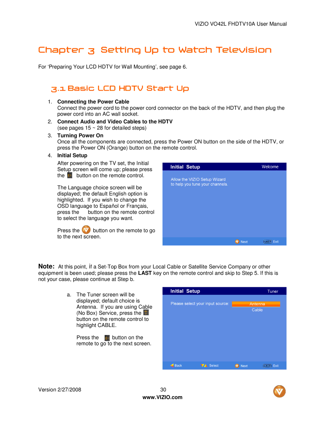 Vizio VO42LF user manual Basic LCD Hdtv Start Up, Connecting the Power Cable, Initial Setup 