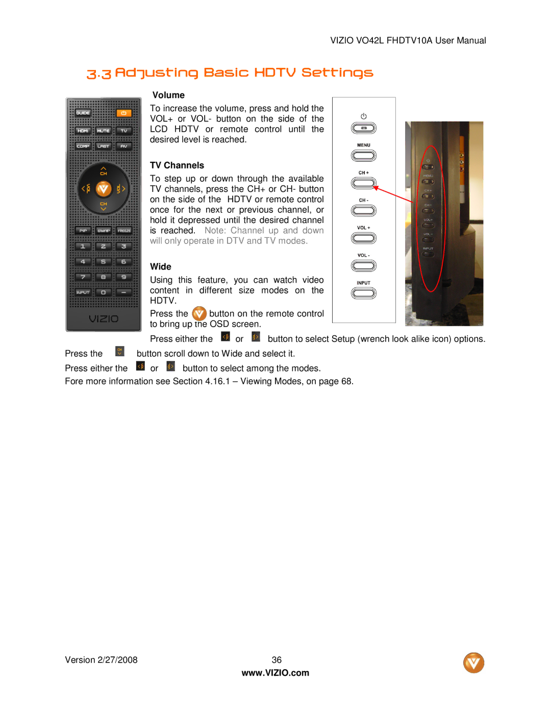 Vizio VO42LF user manual Adjusting Basic Hdtv Settings, Volume, TV Channels, Wide 