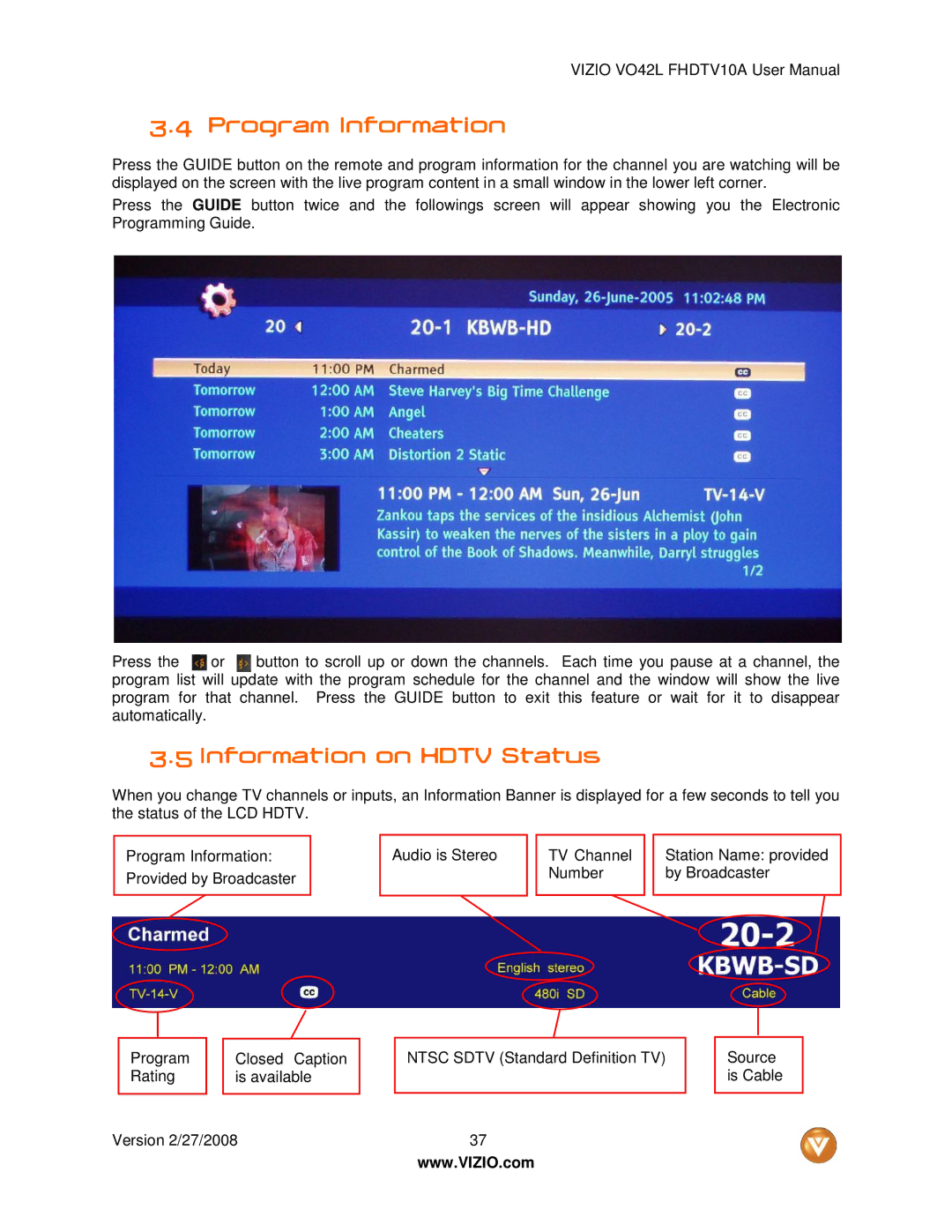 Vizio VO42LF user manual Program Information, Information on Hdtv Status 