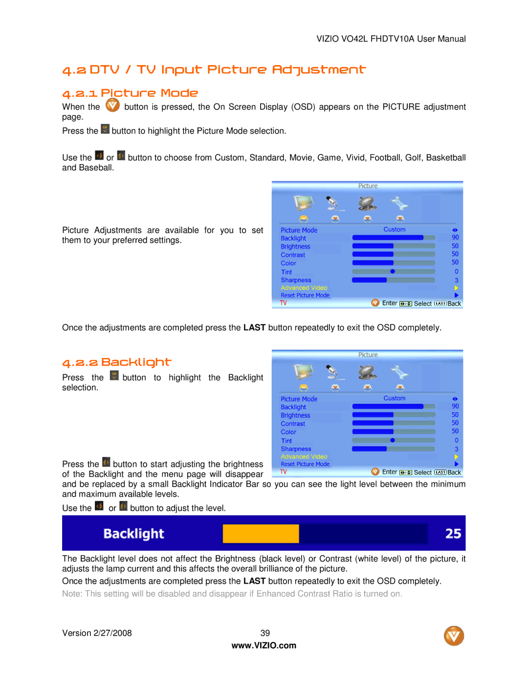 Vizio VO42LF user manual DTV / TV Input Picture Adjustment, Picture Mode, Backlight 