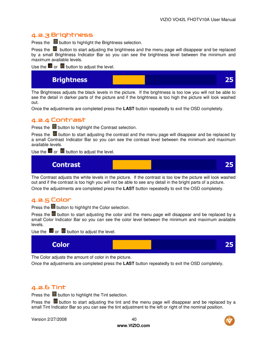 Vizio VO42LF user manual Brightness, Contrast, Color, Tint 