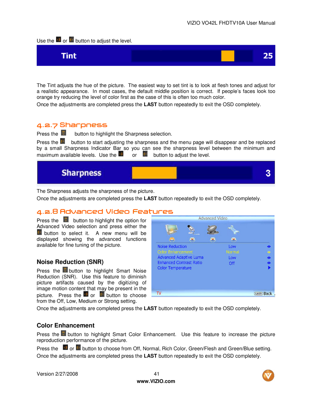 Vizio VO42LF user manual Sharpness, Advanced Video Features 