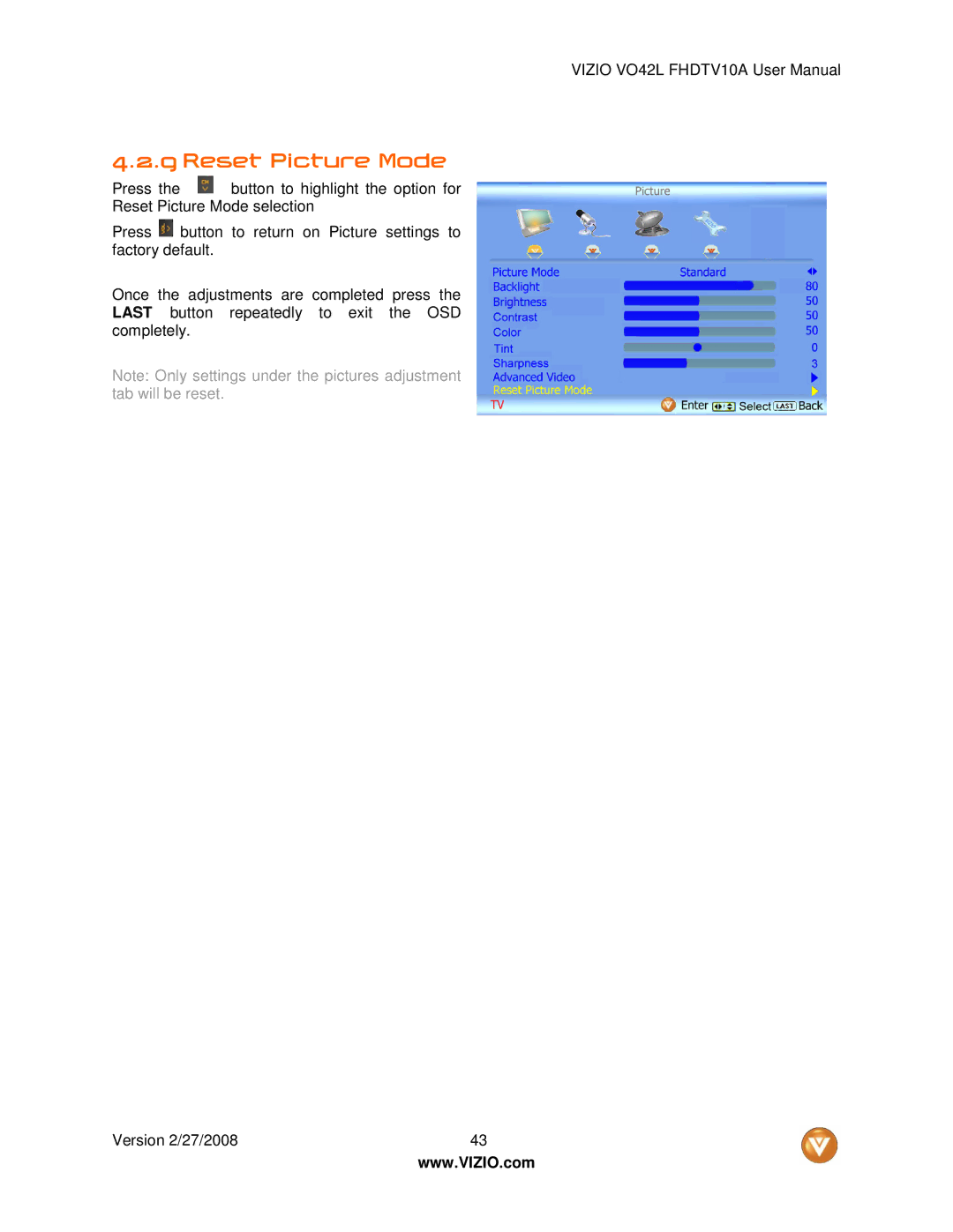 Vizio VO42LF user manual Reset Picture Mode 