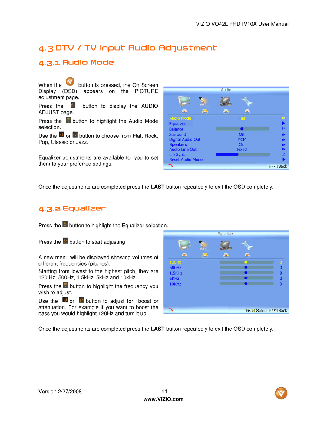 Vizio VO42LF user manual DTV / TV Input Audio Adjustment, Audio Mode, Equalizer 