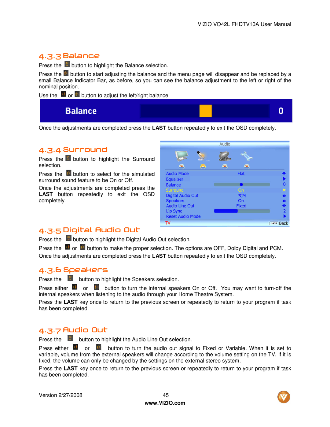 Vizio VO42LF user manual Balance, Surround, Digital Audio Out, Speakers 