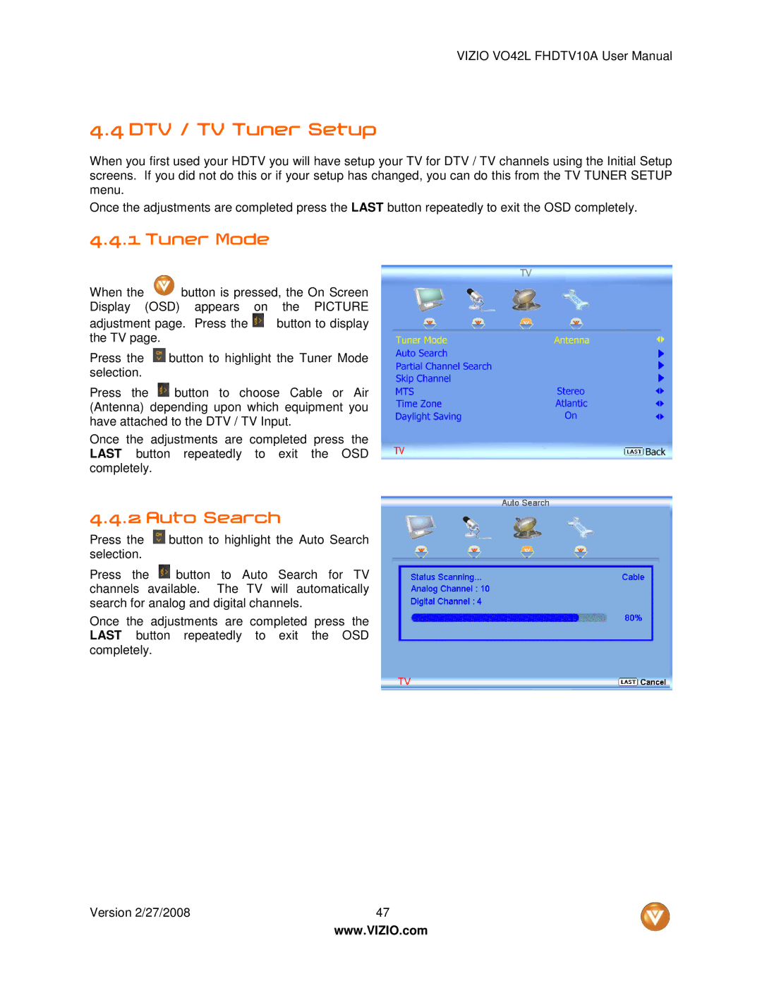 Vizio VO42LF user manual DTV / TV Tuner Setup, Tuner Mode, Auto Search 