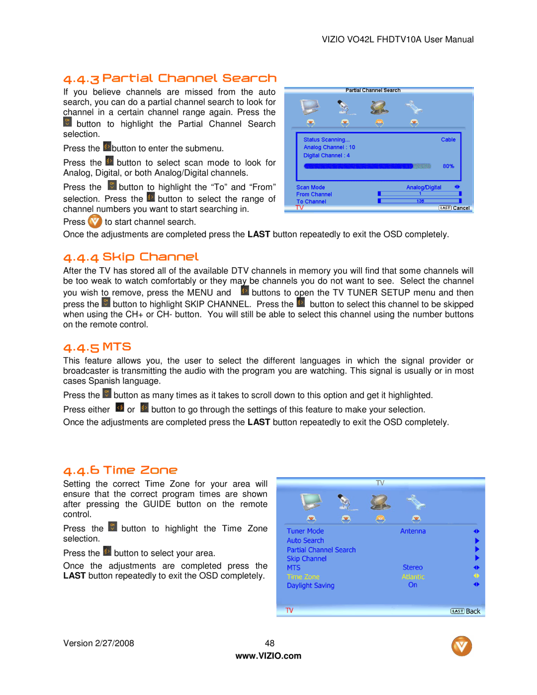 Vizio VO42LF user manual Partial Channel Search, Skip Channel, 5 MTS, Time Zone 